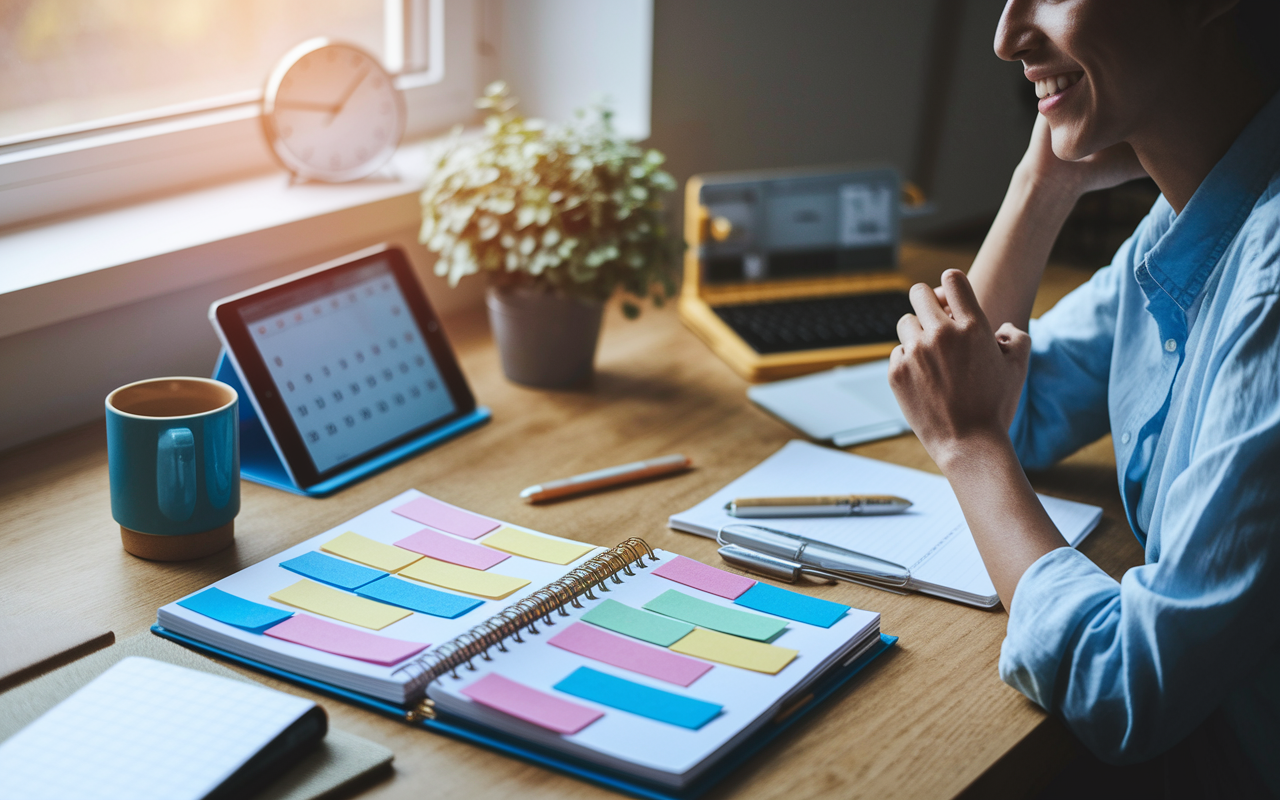 An organized workspace showcasing effective time management tools. The scene features a colorful planner filled with notes, a digital calendar open on a tablet, and a coffee mug next to a calm intern. The intern is focused and smiling, projecting a sense of control and productivity. Natural light floods in from a nearby window, creating a warm atmosphere, with a clock subtly reminding the viewer of the time-sensitive nature of an intern's duties.