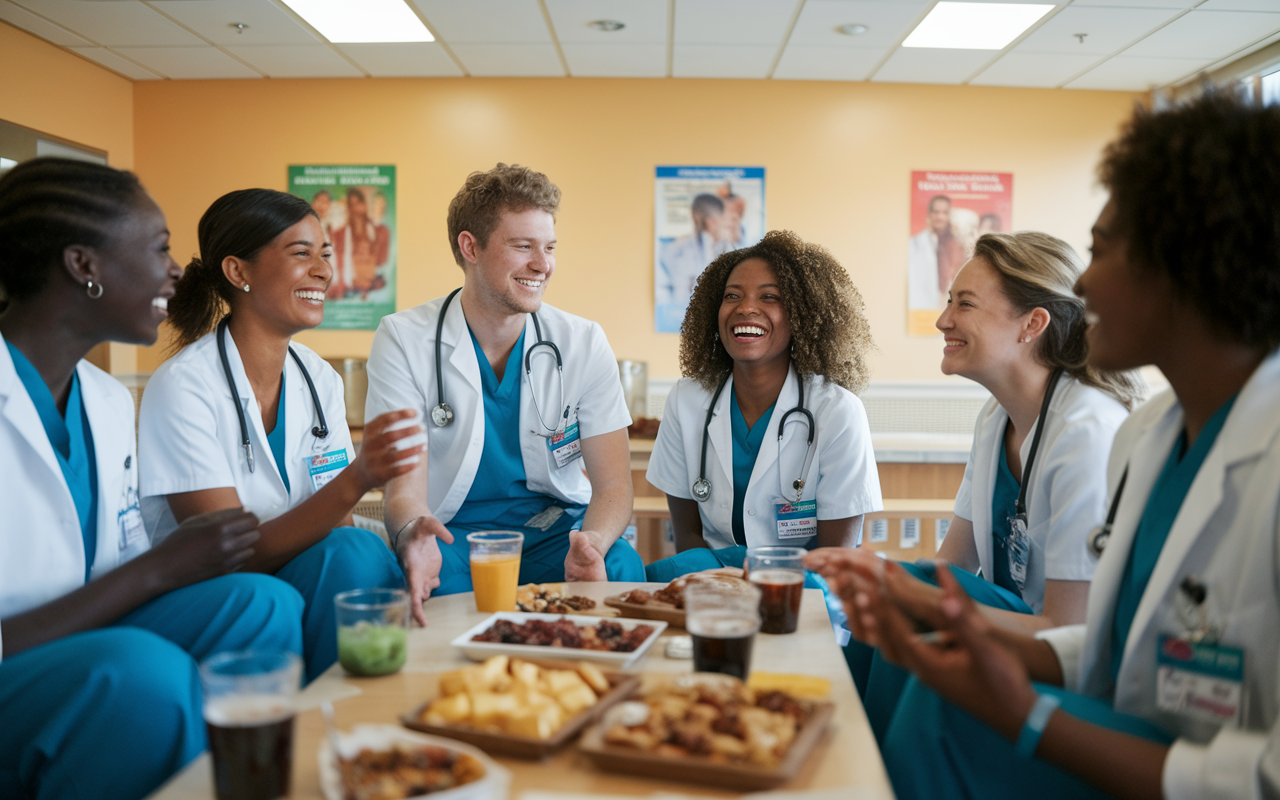 A warm, inviting scene in a hospital break room where a group of diverse interns share laughter and engage in conversation. The mood is upbeat, with snacks and drinks spread out on a table, emphasizing camaraderie and support. The room is brightly lit, with medical posters on the walls, symbolizing the blend of work and socialization in their challenging internship journey.