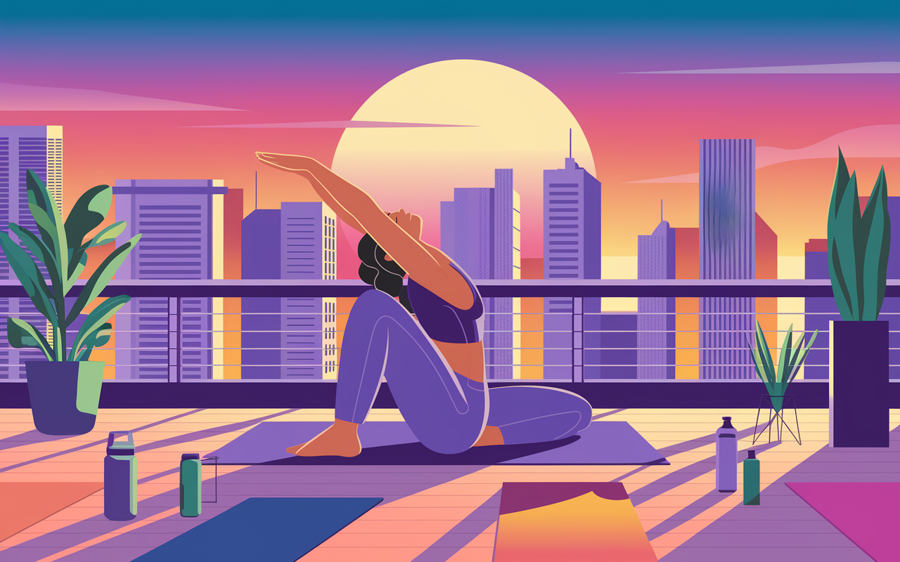 A vivid illustration of an intern engaged in a post-shift yoga session on a sunny rooftop terrace, overlooking the city skyline at dusk. The intern is relaxed and focused, wearing comfortable workout clothes. The glowing sunset casts a warm light, promoting a sense of calm and well-being. Yoga mats, plants, and water bottles are visible, emphasizing the importance of balance and healthy habits within an intern's hectic life.