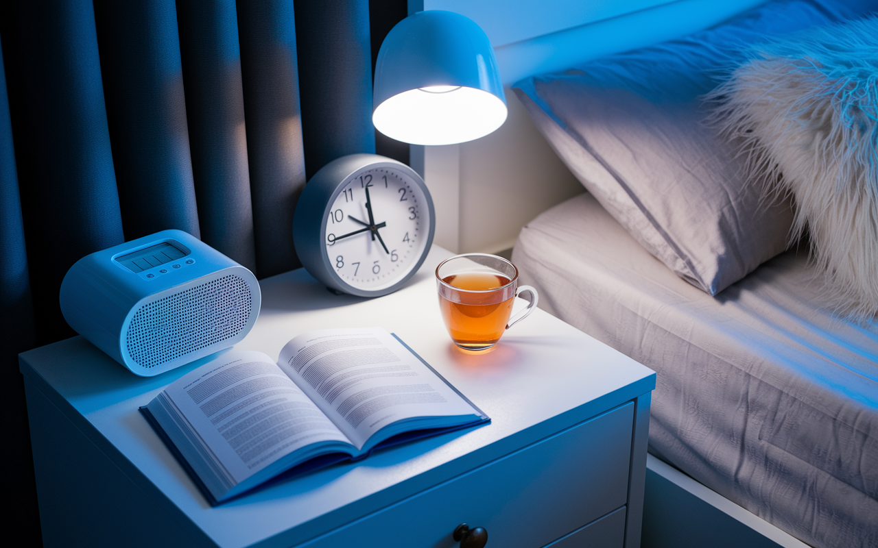 A serene bedroom setting designed for optimal sleep, featuring dark curtains, soft lighting, and a comfy bed with fluffy pillows. On the bedside table, a white noise machine and an open book on mindfulness lies beside a cup of herbal tea, promoting relaxation and calmness. A clock shows a reasonable bedtime as calming colors create a peaceful atmosphere conducive to restful sleep.