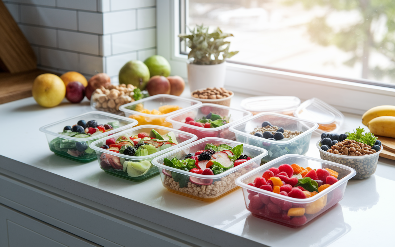 An organized kitchen counter filled with colorful containers of healthy meal preps, including salads, grains, and lean proteins, ready for a busy week ahead. Fresh fruits and nuts are neatly arranged alongside quick snack options, creating an inviting atmosphere. Bright morning light streams through the window, suggesting a fresh start and vitality associated with healthy eating.