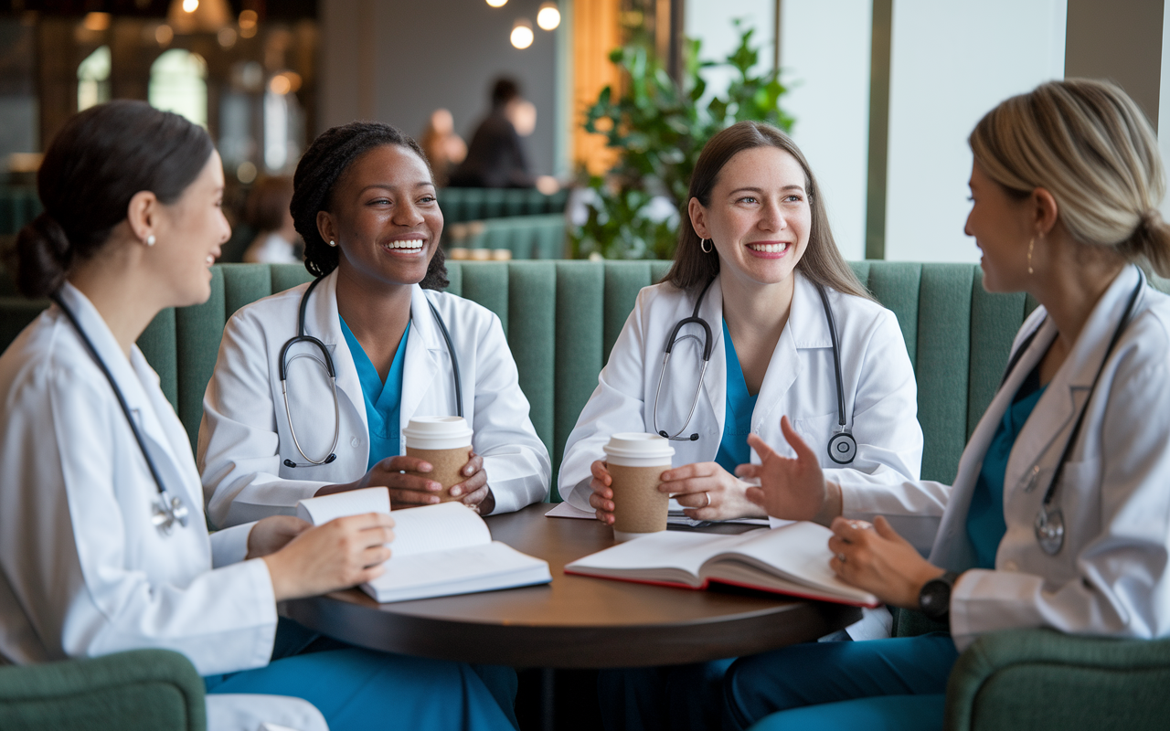 A group of medical interns sitting in a cozy café, engaged in conversation with smiles and laughter. They are surrounded by textbooks and coffee cups, creating an atmosphere of camaraderie and support. The warm lighting and comfortable seating add to a sense of community and shared experience in their challenging journey.