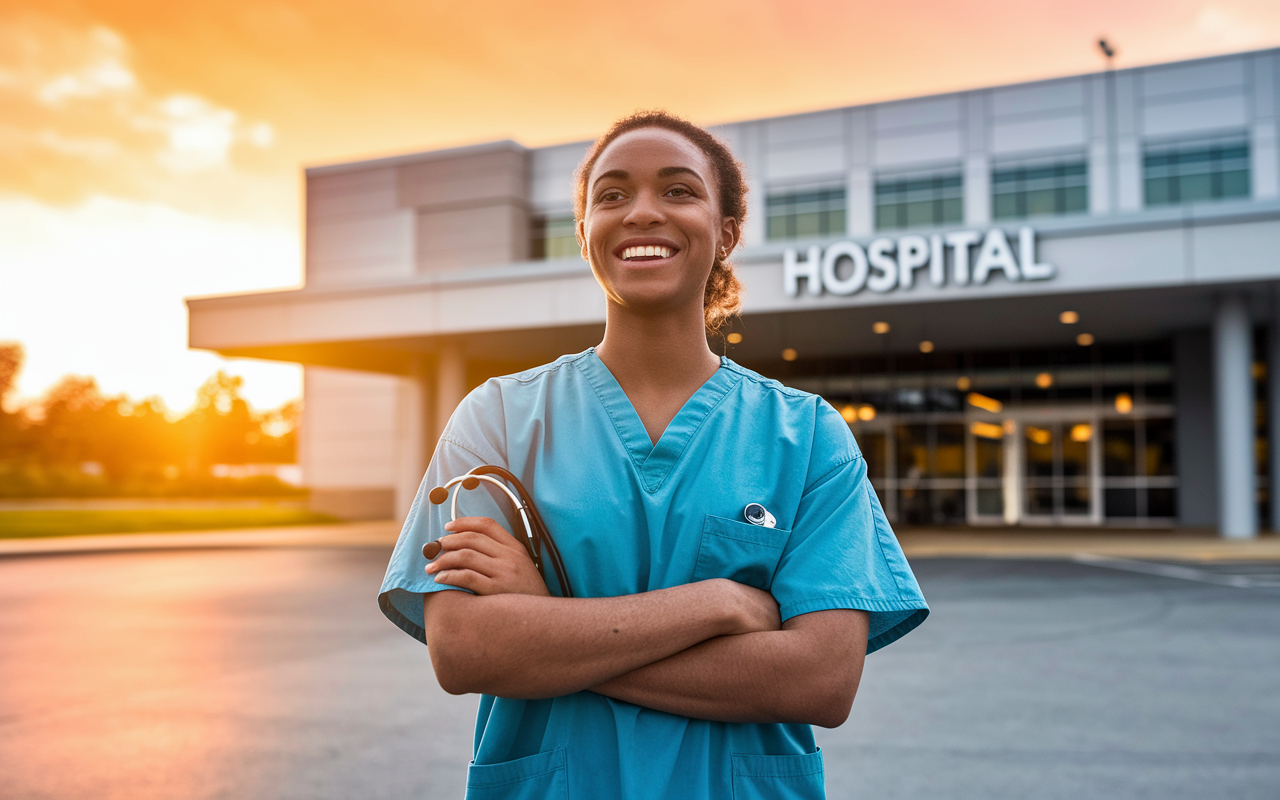 A confident medical intern smiling while standing in front of a hospital, during a sunset that casts a golden glow. The intern in their scrubs holds a stethoscope, looking empowered and optimistic about their journey ahead. The background features the hospital's entrance with a warm orange sky, symbolizing hope and the beginning of a rewarding career.