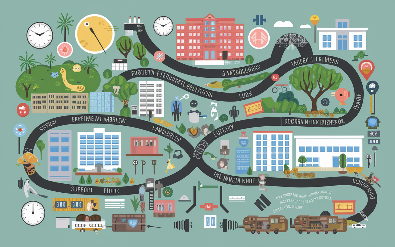 An allegorical representation of a medical intern's growth journey, depicted as a winding path through various landscapes such as a busy hospital, serene park for mindfulness, and a kitchen for meal prep. Along the path, symbolic elements like clocks, weights for physical fitness, and communication symbols for support are artistically integrated, illustrating the multifaceted experience of being a medical intern and the journey towards becoming a doctor.