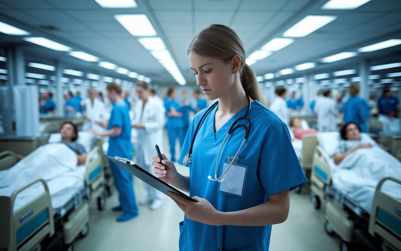 A busy hospital scene featuring a first-year intern in scrubs, standing at a nurse’s station with a clipboard in hand, attentively checking off a checklist of tasks. The background is bustling with healthcare staff, with patients in beds and nurses discussing under bright fluorescent lights. The intern has a focused expression, conveying a sense of urgency and determination amid the organized chaos. Use a realistic style with bright, focused lighting highlighting the intern's figure.