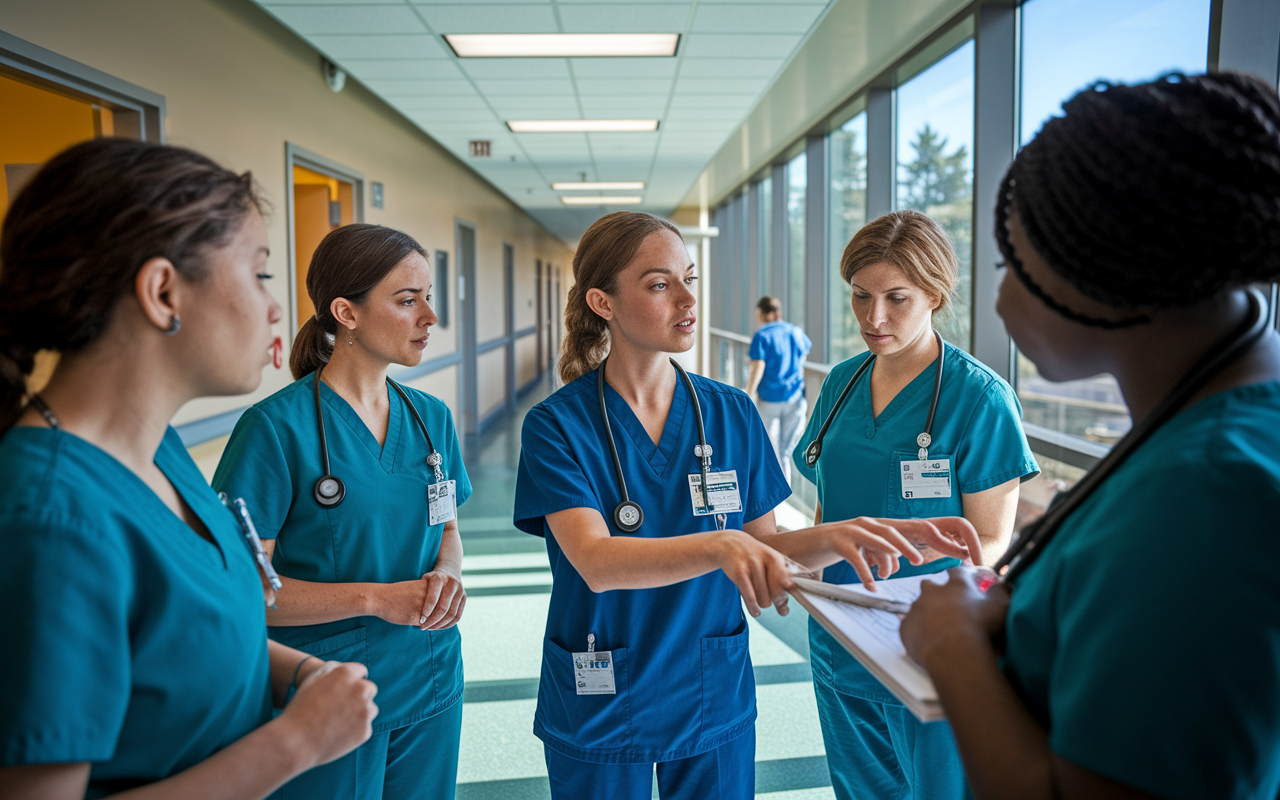 A scene in a hospital hallway where an intern is interacting with a group of nursing staff, all wearing scrubs, discussing patient care urgently. The atmosphere is dynamic with hospital sounds in the background and patient rooms visible. The intern, looking engaged and attentive, is gesturing as they point to a patient chart. The lighting is natural, penetrating through large windows, creating a vibrant environment that resonates with teamwork and collaboration.