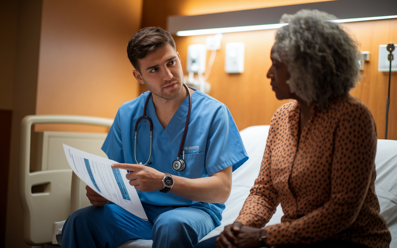 An intimate hospital room where a young intern is sitting next to a concerned patient, explaining a diagnostic report with a compassionate expression. The intern uses simple language, pointing at the report, while the patient listens attentively, visibly reassured. Warm, soft lighting creates a calming atmosphere, emphasizing empathy and support in medical communication.