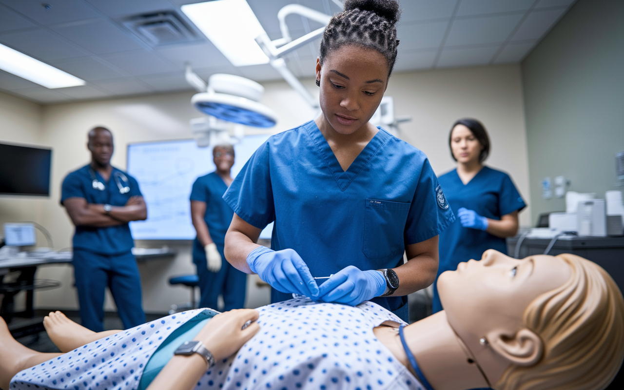 Inside a modern simulation lab, a first-year intern is engaged in a hands-on practice with a mannequin during a training session. The intern is focused and determined, wearing scrubs and practicing a medical procedure, surrounded by training equipment and supportive mentors in the background. Soft, focused lighting enhances the teaching environment, emphasizing learning and growth in clinical skills.