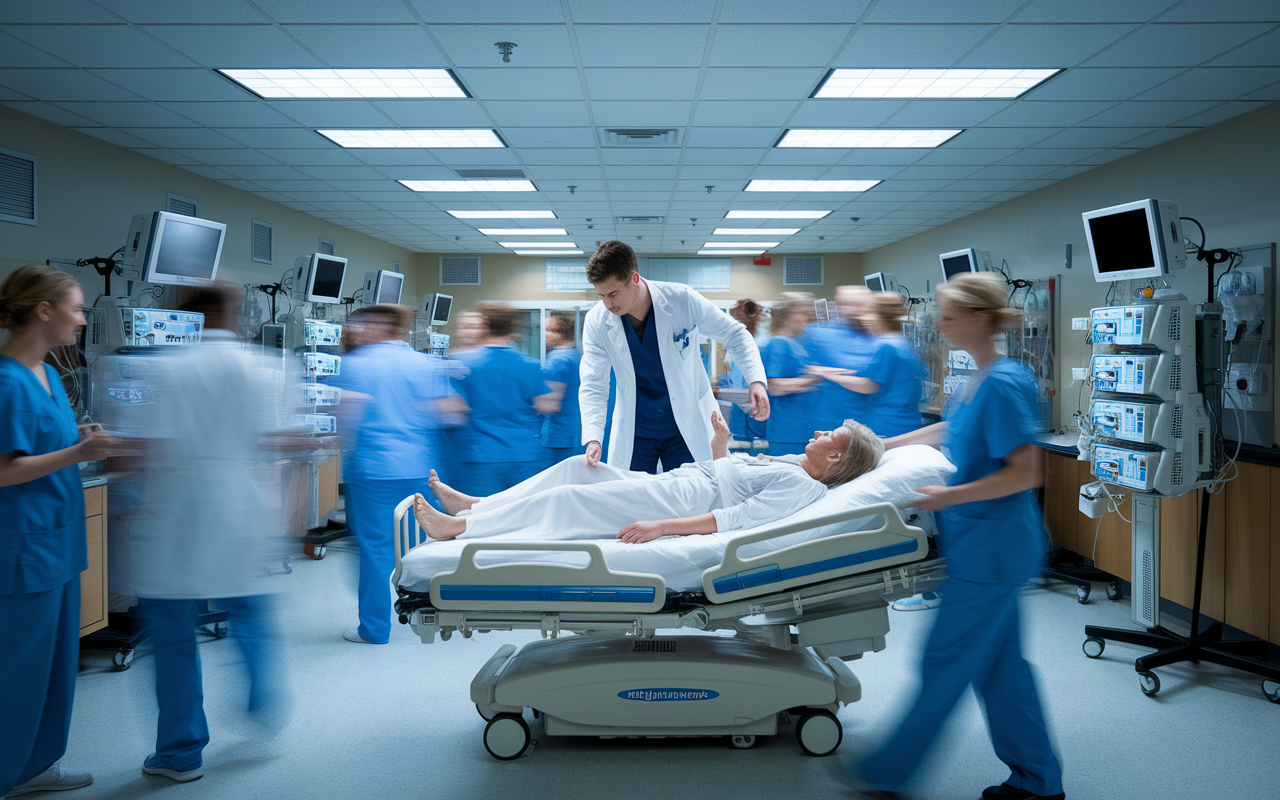 A bustling hospital emergency room where an intern is expertly managing an increased patient load amidst chaos. The intern is seen multitasking, discussing with a nurse while attending to a patient. The atmosphere is intense yet organized, with staff in motion, bright overhead lights, and medical equipment in use, encapsulating the essence of adaptability in a professional healthcare setting.