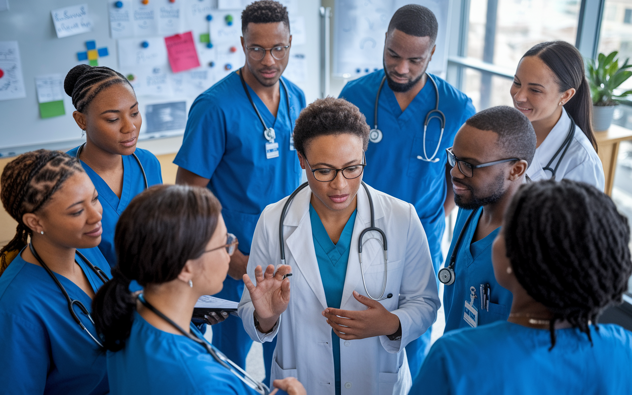 An engaging team huddle in a hospital setting, where a diverse group of healthcare professionals, including interns, nurses, and attending physicians, are discussing patient updates. The scene captures animated gestures and collaborative energy, with a whiteboard in the background filled with charts and notes. Ambient lighting enhances the teamwork atmosphere, showcasing the importance of collaboration.