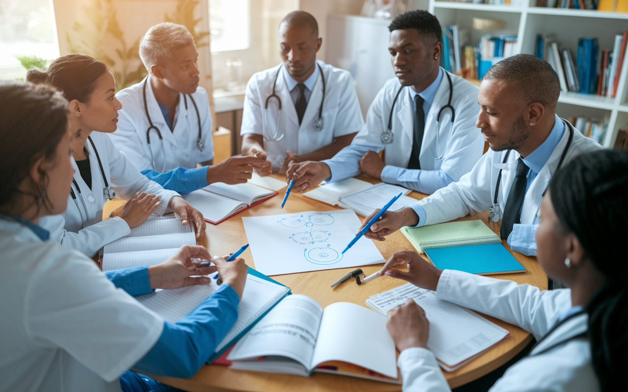 A focused group of medical interns in a bright study room, gathered around a circular table filled with medical textbooks, notes, and laptops. They are engaged in a collaborative discussion, pointing at diagrams on a whiteboard as they share insights and strategies. The interns, representing different backgrounds, display a range of emotions - concentration, eagerness, and support. The room is warmly lit, fostering an inviting atmosphere for learning and bonding.