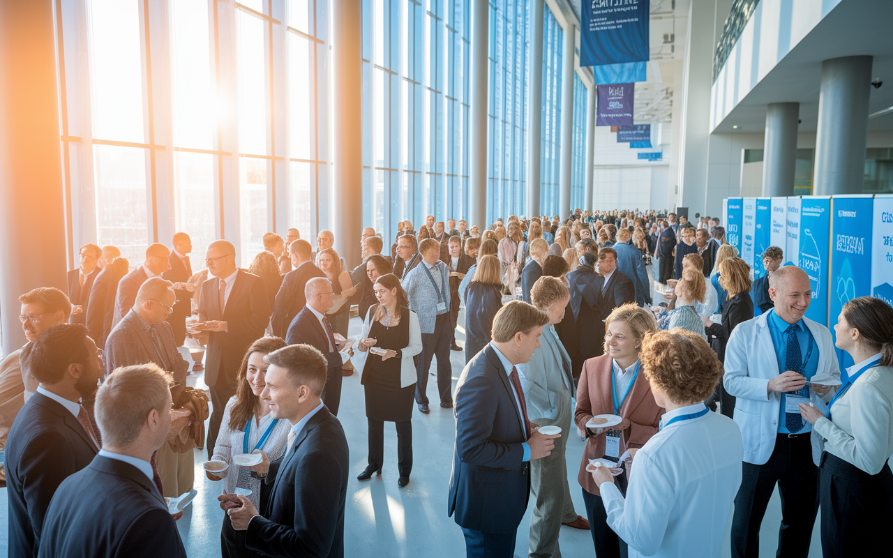 A professional networking session at a bustling medical conference hall, featuring a diverse group of healthcare professionals engaging in animated discussions. Attendees are exchanging ideas, business cards, and enjoying refreshments. Banners and posters of various medical specialties adorn the backdrop, with sunlight streaming through large windows, creating a dynamic and inspiring atmosphere. The scene captures the essence of collaboration, innovation, and the excitement of medical networking.