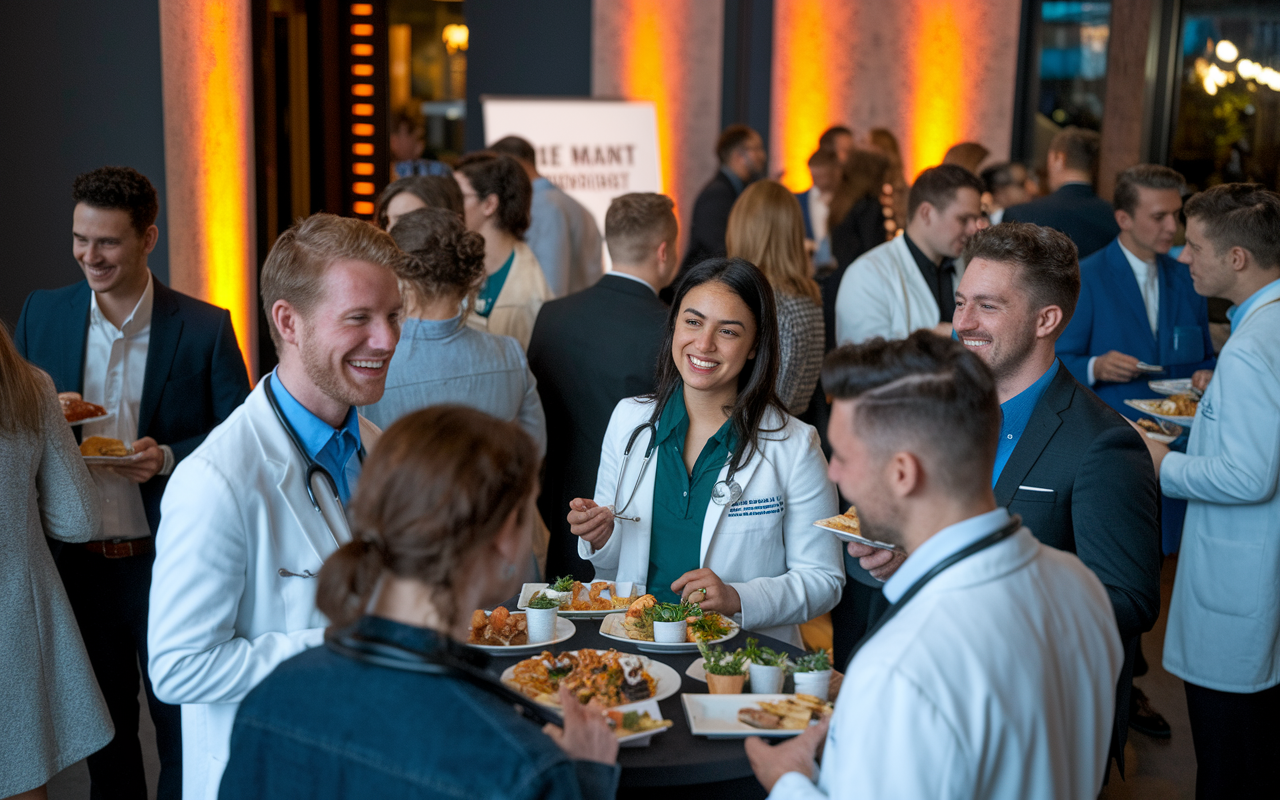 A cheerful atmosphere at a medical networking event, where interns and physicians mingle and enjoy appetizers. Group clusters are engaged in conversations, laughter, and exchanging contact information in a stylishly decorated venue. Warm ambient lighting adds to the inviting vibe, and a sign in the background displays the event's name. The scene captures the essence of professional growth, camaraderie, and communication among aspiring and established medical professionals.