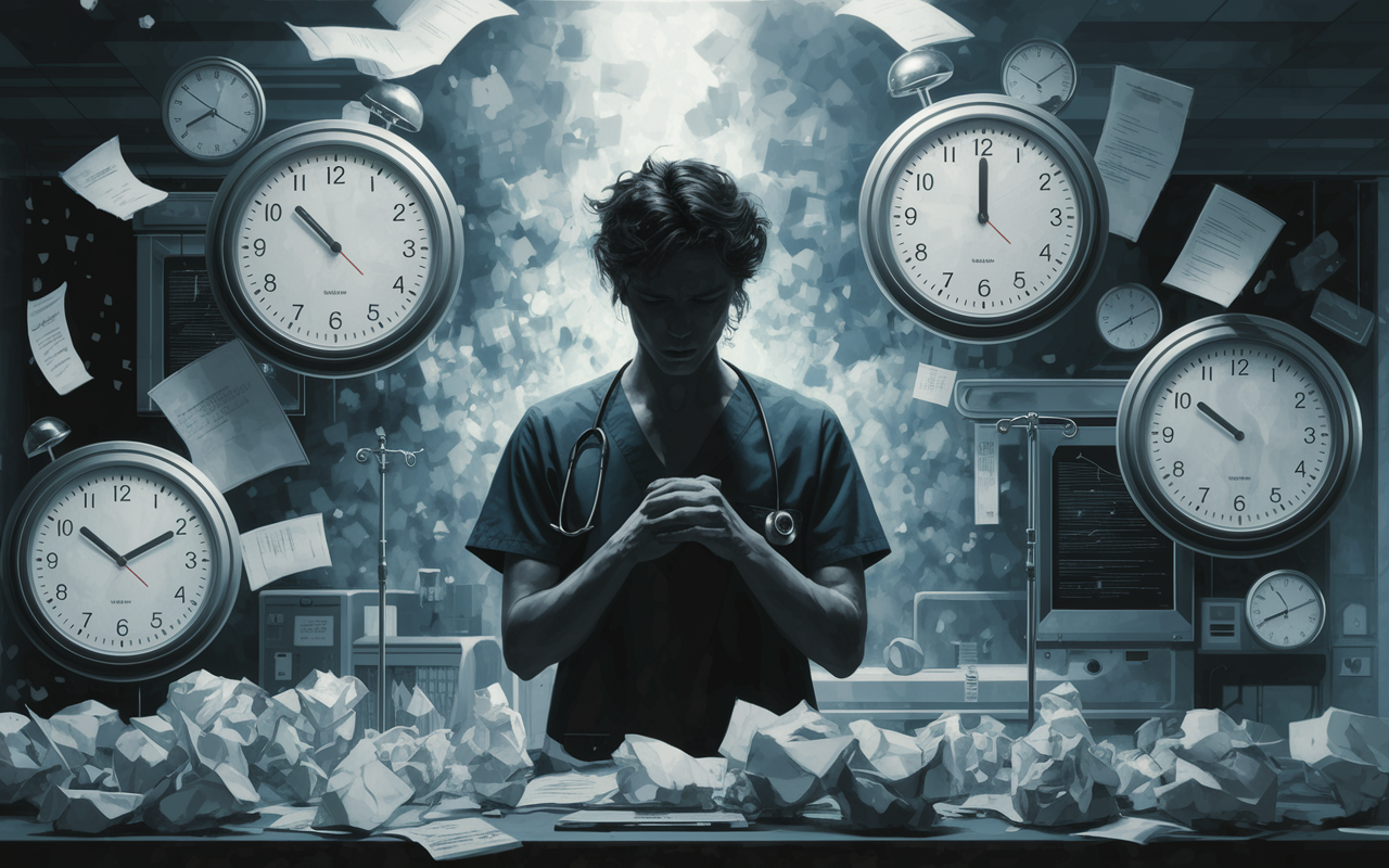 An abstract representation of internship fatigue, showcasing a surreal blend of exhaustion and determination. The image features a shadowy figure of an intern in scrubs looking overwhelmed, surrounded by swirling clocks depicting long working hours, and crumpled papers symbolizing stress. The background is a blur of hospital equipment and charts, with a color palette of dark blues and muted tones to signify fatigue. Create an emotionally resonant atmosphere that encapsulates both the weight of responsibility and the need for resilience. Digital painting style with a focus on emotional depth.