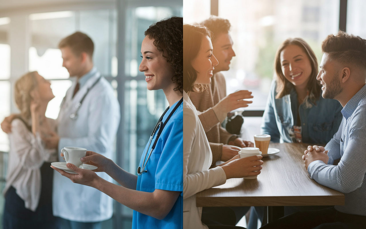 A split-scene showing a medical intern successfully balancing work and personal life. On one side, the intern is engaged with patients in a caring manner within the hospital; on the other side, they are enjoying a peaceful moment with friends over coffee. The imagery reflects a harmonious blend of professional dedication and personal leisure, unified by warm colors and a bright atmosphere. Capture the essence of balance in a realistic style that emphasizes fulfillment in both areas of life.