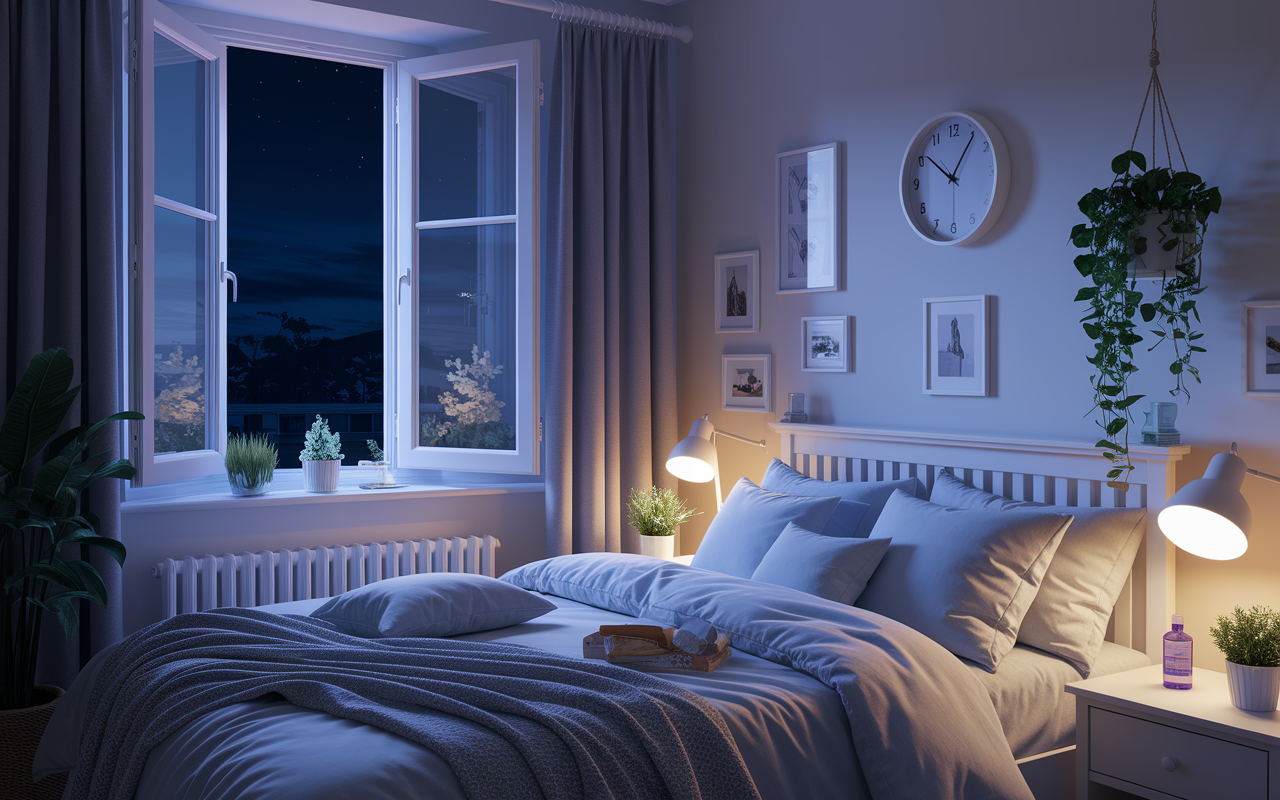 A tranquil bedroom designed for optimal sleep, featuring dim lighting, soft bedding, and calming decor. The window is slightly open, revealing gentle night-time breezes. A clock shows a reasonable hour for bed, and a bottle of lavender oil is on the bedside table. The atmosphere conveys relaxation and peace, promoting a sense of rejuvenation essential for busy interns. Illustrate the concept of self-care and the importance of a good night's sleep in a realistic style.