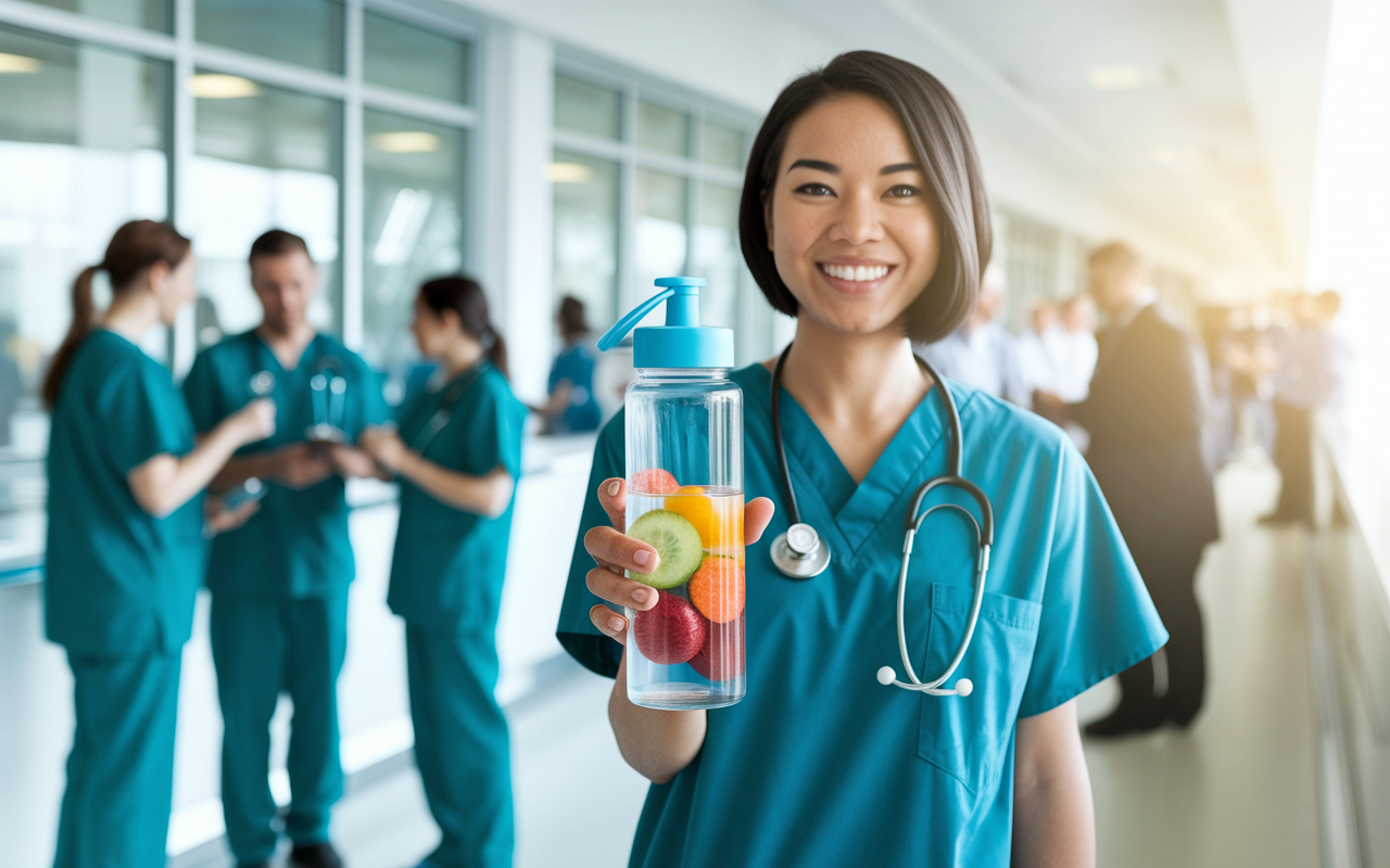 A vibrant scene of an intern at a bustling hospital nursing station, holding a refillable water bottle with colorful fruit infusion. The background features colleagues engaged in discussions, highlighting a busy workflow. The sunlight streams through the windows, creating a lively and refreshing atmosphere. The hydration strategy embraces a balance of busy work and health consciousness, illustrated in a cheerful, photorealistic style.