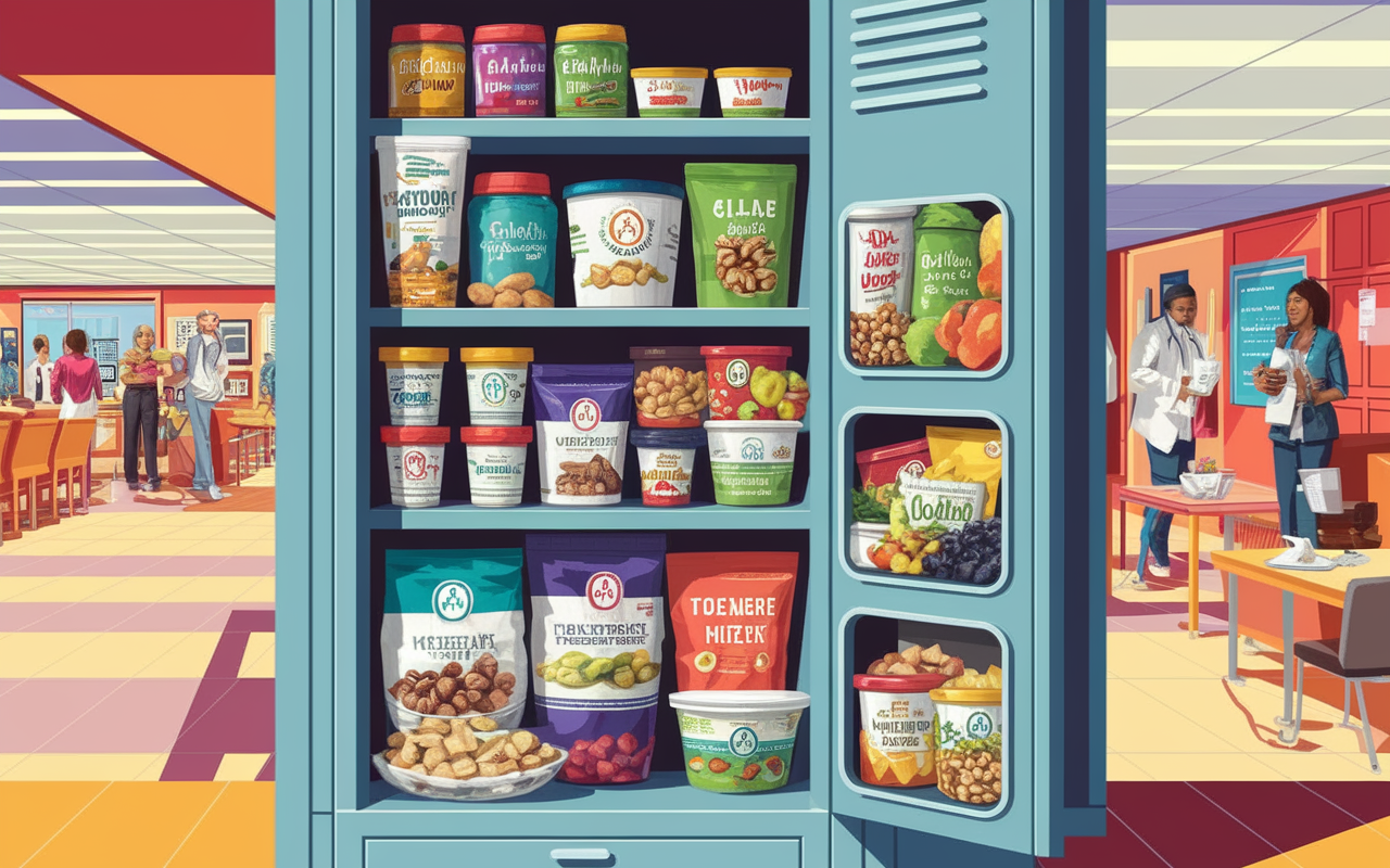 A well-organized intern's locker filled with healthy snacks, including nuts, yogurt, and fruit. The locker is open, revealing an inviting array of colorful and nutritious food items. The hospital environment is depicted in the background, showing a busy break area. Emphasize vibrant colors and healthy choices, capturing the essence of maintaining energy during long shifts in a vibrant digital painting style.