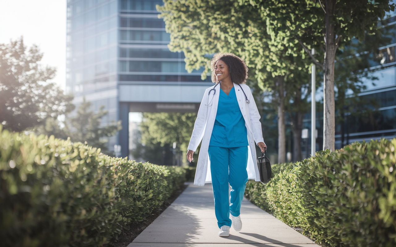 A medical intern stepping outside for a quick, refreshing walk during their break, surrounded by greenery and sunlight. The intern is smiling, enjoying a moment of respite from their demanding schedule. The background depicts the hospital building blending with nature, signifying the importance of taking breaks to recharge. The scene is lively and uplifting, presented in a realistic style with bright colors and an emphasis on positivity and rejuvenation.