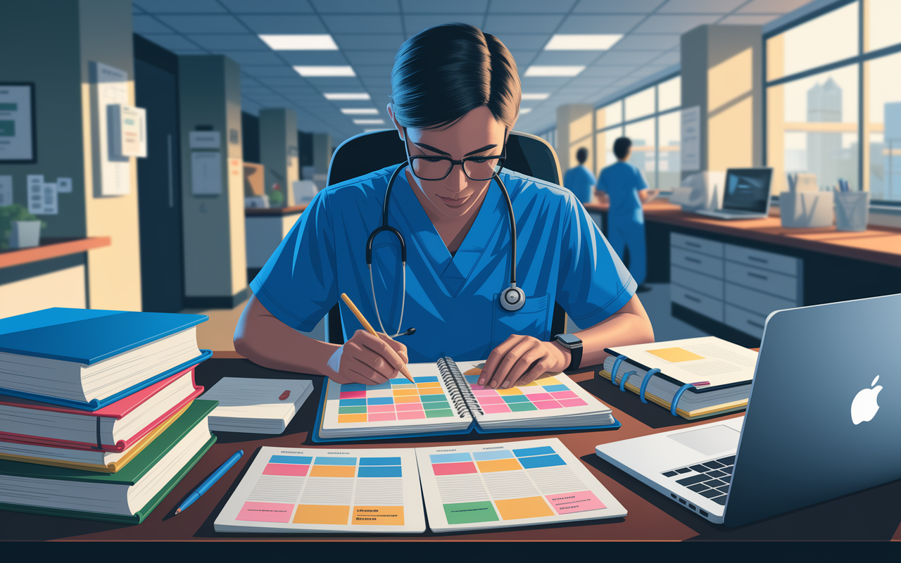 A focused medical intern sitting at a desk, immersed in organizing their planner with colorful sticky notes and time-blocking strategies. The desk is cluttered with medical textbooks and a laptop, while the hospital environment subtly underscores the urgency of their tasks. Soft overhead lighting creates a calm ambiance, capturing an atmosphere of preparation and determination. Digital illustration style with warm tones to invoke a sense of productivity.