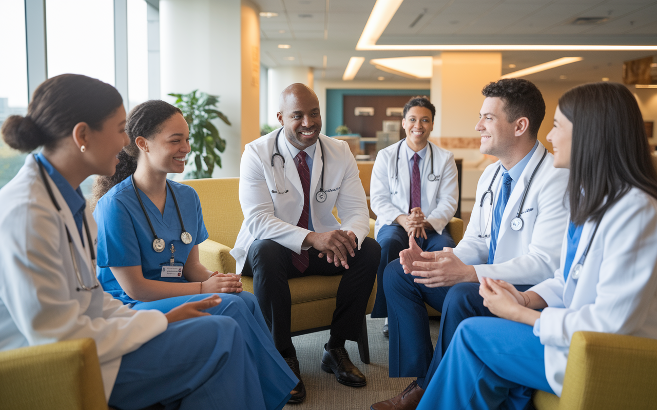 A group of medical interns and mentors engaged in supportive discussion in a hospital lounge area, sharing experiences and advice. The atmosphere is collegial and encouraging, with smiling faces and body language that reflects optimism. Hospital decor adds an element of realism, while the warm lighting creates a welcoming environment. Emphasize the essence of teamwork and mentorship in a stylized, heartwarming visual.