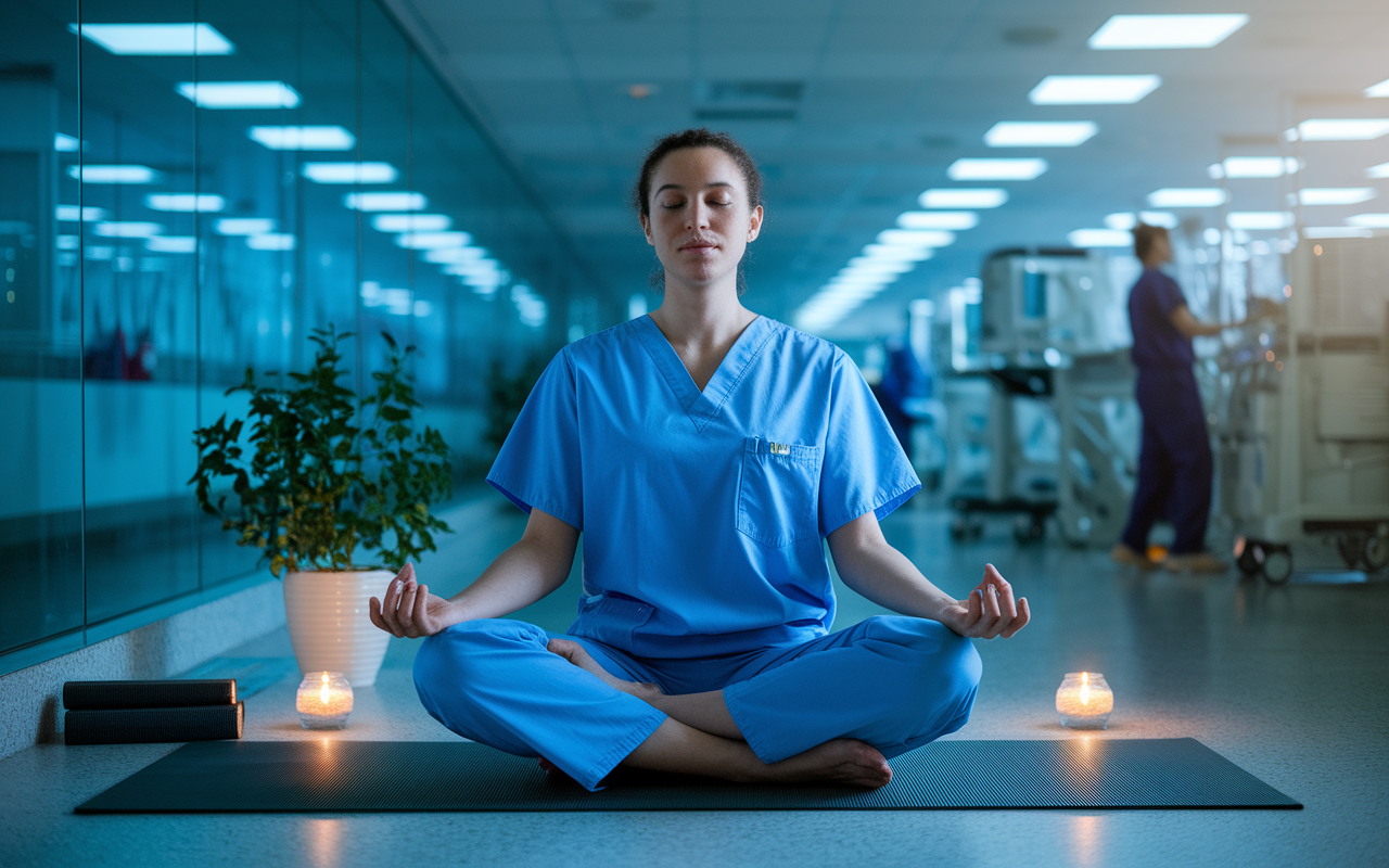 A serene scene depicting a medical intern practicing mindfulness in a quiet space amidst the bustling hospital environment. They are seated cross-legged on a yoga mat, with soft lighting and calming colors surrounding them. A small plant and a candle add to the tranquil atmosphere. The image conveys peace, mental clarity, and the essence of self-care, illustrating the importance of mental health for interns. Photorealistic style with a focus on relaxation and mindfulness.