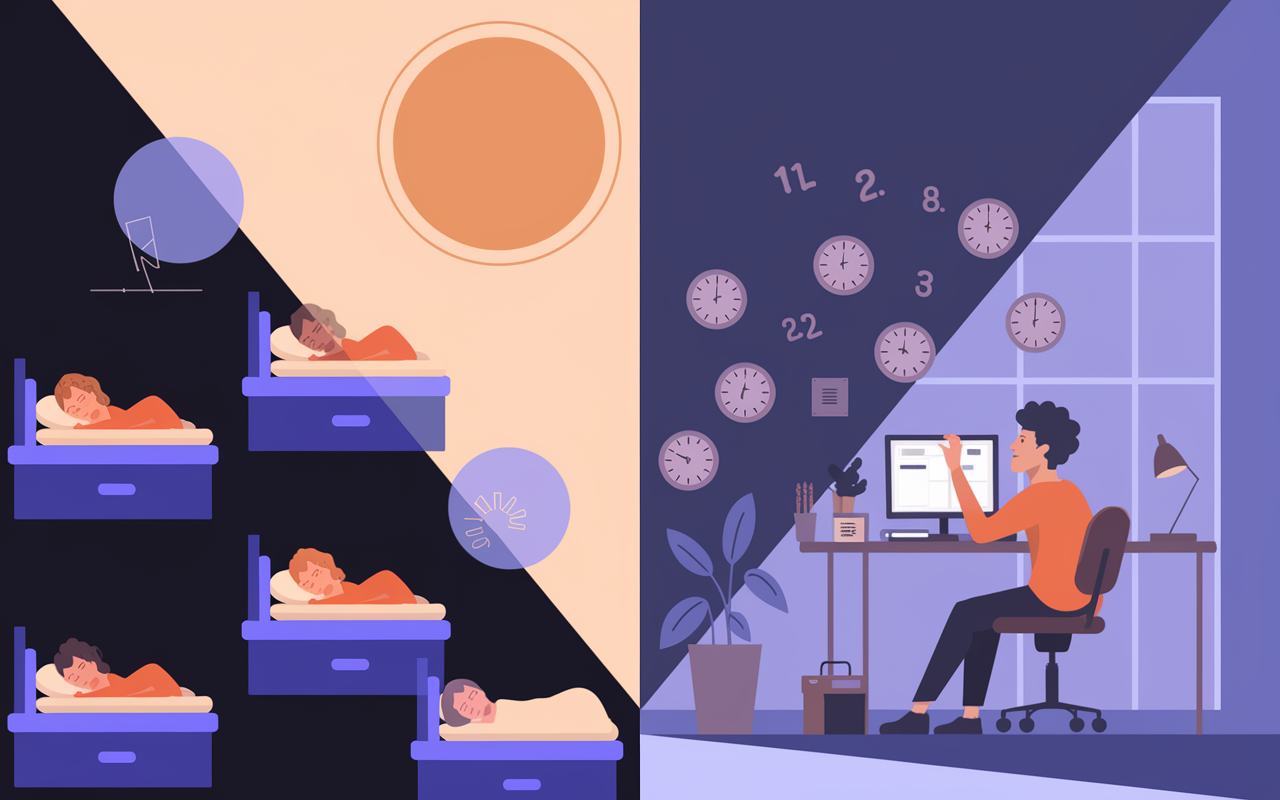 A visually engaging split scene illustrating the effects of disrupted circadian rhythms. On one side, a calm daytime environment with a radiant sun and people sleeping peacefully in darkened rooms. On the other side, a chaotic nighttime scene with a worker struggling to stay awake in a well-lit office, surrounded by clocks showing different times, symbolizing the disarray of their internal clock. Use soft lighting gradients that transition from warm daylight to cool night shades, emphasizing the stark contrast between day and night.