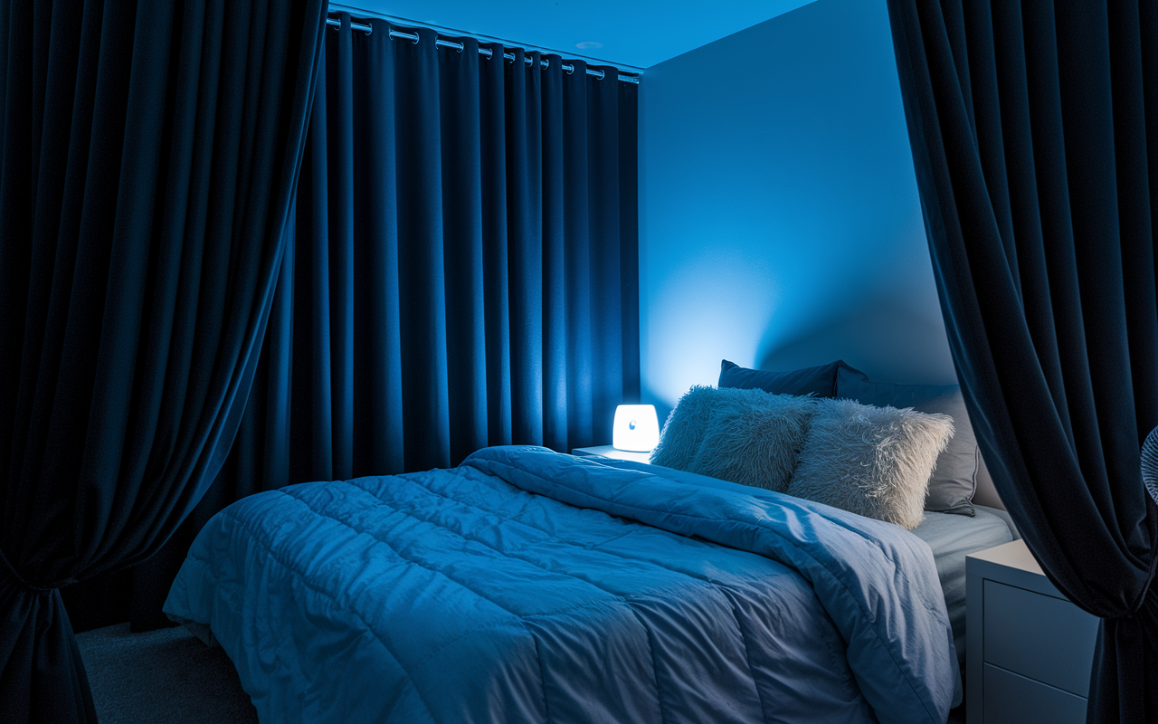 A serene bedroom designed for a night shift worker, with blackout curtains closed tightly, blocking sunlight. The room is dimly lit with a blue hue, creating a calming atmosphere. Comfortable bedding with fluffy pillows is arranged neatly. A small fan is visible, indicating a cool temperature. On the bedside table, there’s a white noise machine softly glowing. This peaceful setting encapsulates the ultimate sleep environment necessary for daytime rest.