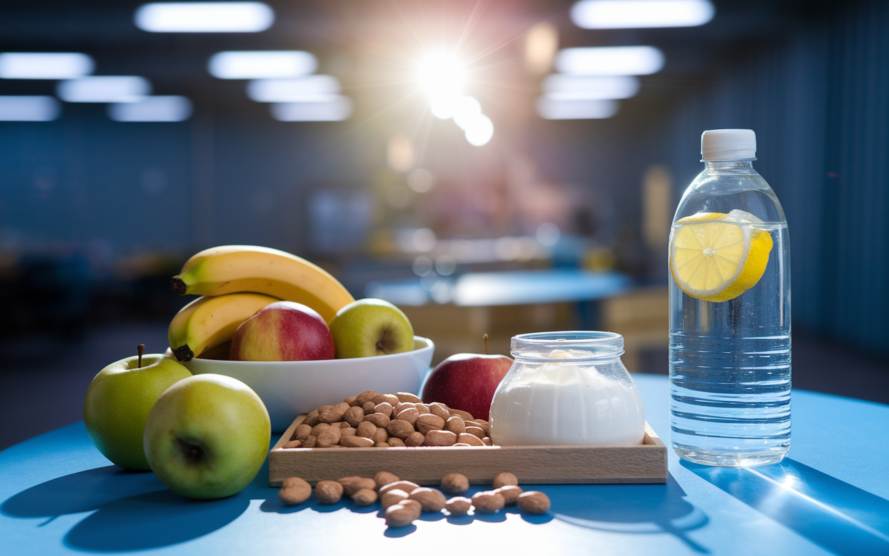 An inviting display of nutritious snacks for night shift workers on a break table. Include a bowl of fresh fruits (bananas, apples), a tray of nuts and yogurt, and a water bottle with a refreshing splash of lemon. In the background, a soft glow from overhead lights creates a welcoming ambiance, highlighting the importance of healthy eating during a night shift. The colors are vibrant, promoting energy and well-being, with delicate shadows adding depth to the scene.