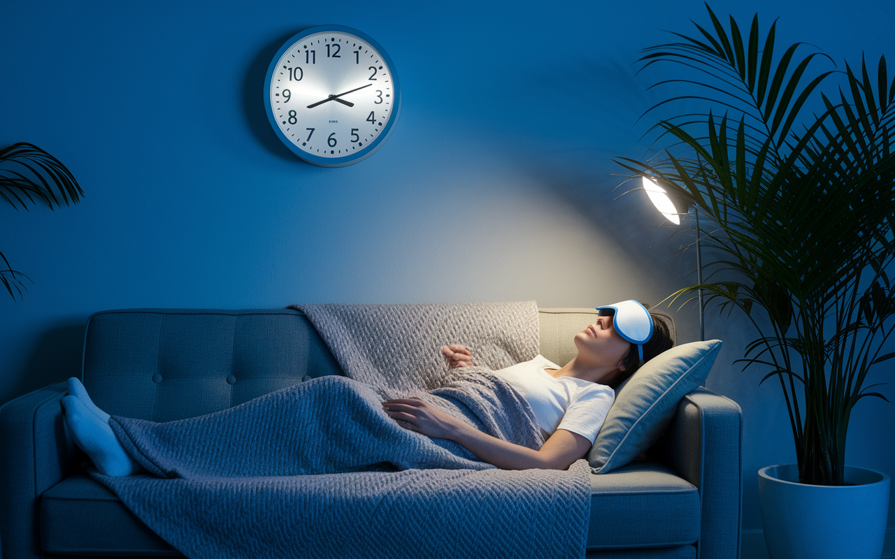 A peaceful scene showing a night shift worker taking a rejuvenating nap in a quiet break room. The worker is comfortably reclined on a sofa, with a cozy blanket over them and a sleep mask covering their eyes. A soft clock on the wall shows the mid-shift time of around 3 AM. The room is dimly lit, creating a relaxing atmosphere, with a pot of plants adding a touch of tranquility. Emphasize the sense of relief and revitalization through the worker's relaxed expression.