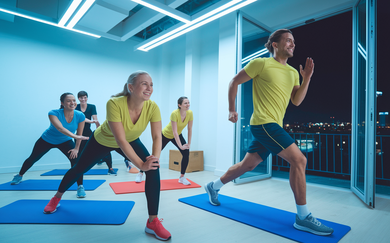 A lively scene depicting night shift workers engaged in light exercise during their break time. Show a group stretching in a break room with gym mats, and another worker jogging in place near an open window, with a city view at night outside. The room is bright with fluorescent lighting, creating an energetic vibe. The workers are smiling and energized, emphasizing the importance of physical activity in combating night shift fatigue.