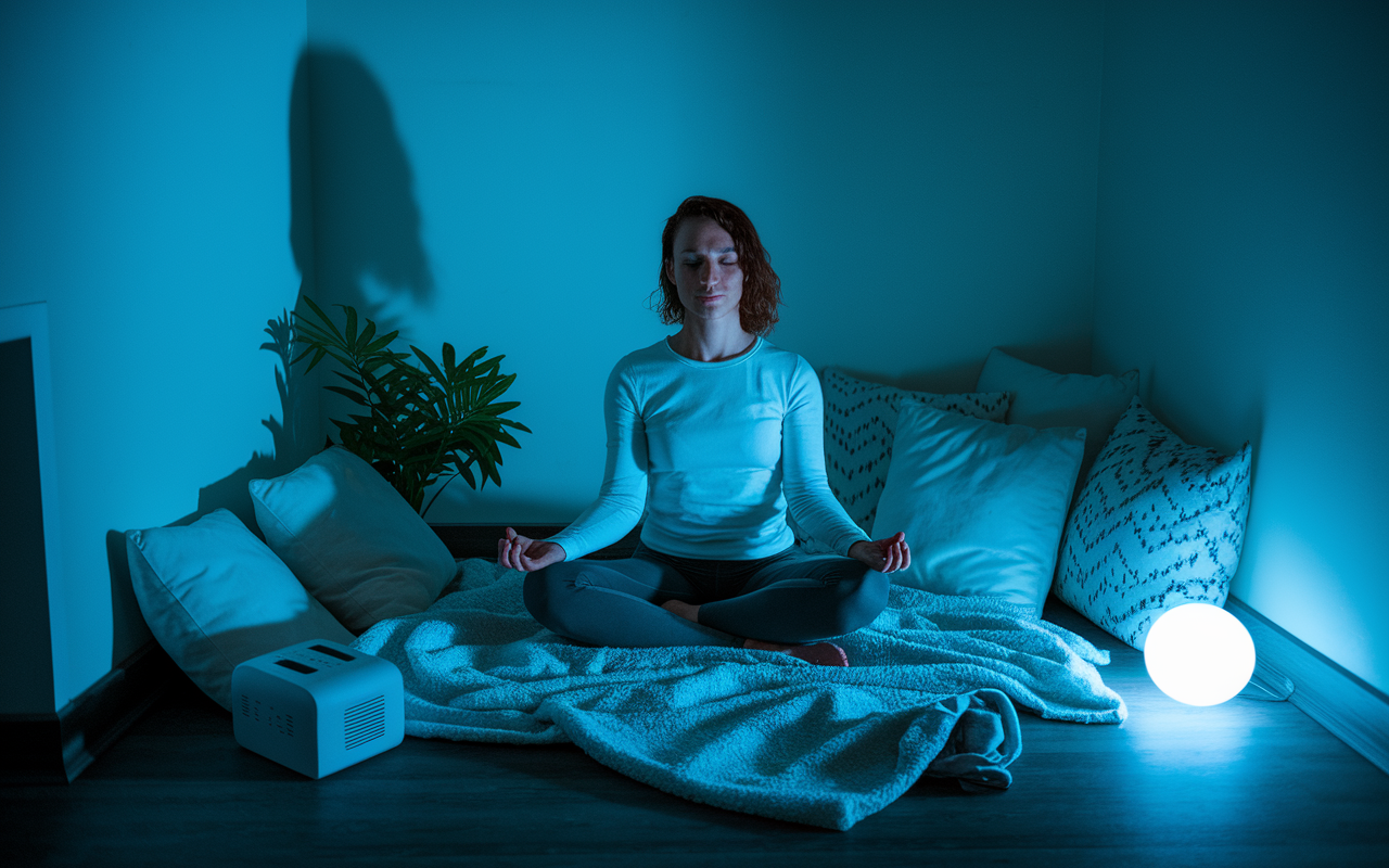 A tranquil image depicting a night shift worker sitting quietly in a peaceful corner of a break room, practicing mindfulness through meditation. Soft blankets and pillows create a cozy environment, while dim lighting casts a calming glow. A small plant and a white noise machine are visible, adding to the atmosphere of relaxation. The worker’s expression reflects serenity and focus, illustrating the importance of mental clarity and stress management during night shifts.