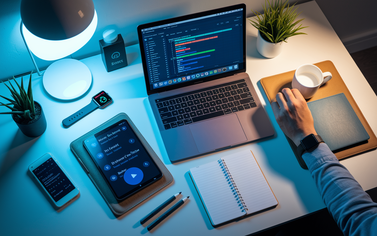 A modern desk workspace for a night shift worker, filled with technology tools designed for productivity. Display various devices such as a laptop with a task management app open, a smartwatch tracking health metrics, and a phone showing reminders for breaks. Ambient lighting casts a soft glow over the workspace, creating an organized and focused atmosphere. Show elements like a calendar and a notepad, illustrating efficient time management and preparation for a successful shift.