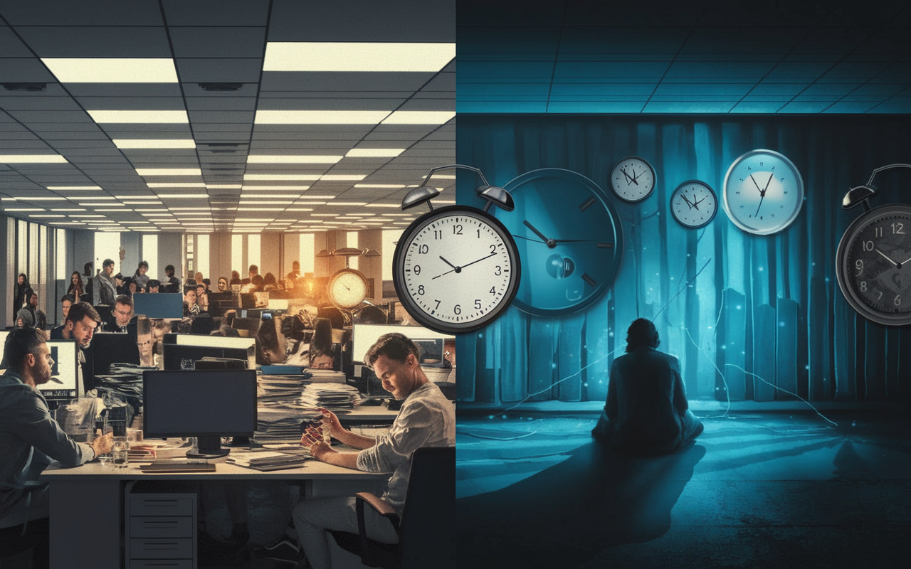 An artistic visualization representing the challenges of working night shifts, with a divided image: one side shows a chaotic office with bright artificial lights, busy night workers appearing stressed and tired; the other side shows a person sitting alone in a dim space, surrounded by clocks showing different time zones, highlighting social isolation and disorientation.