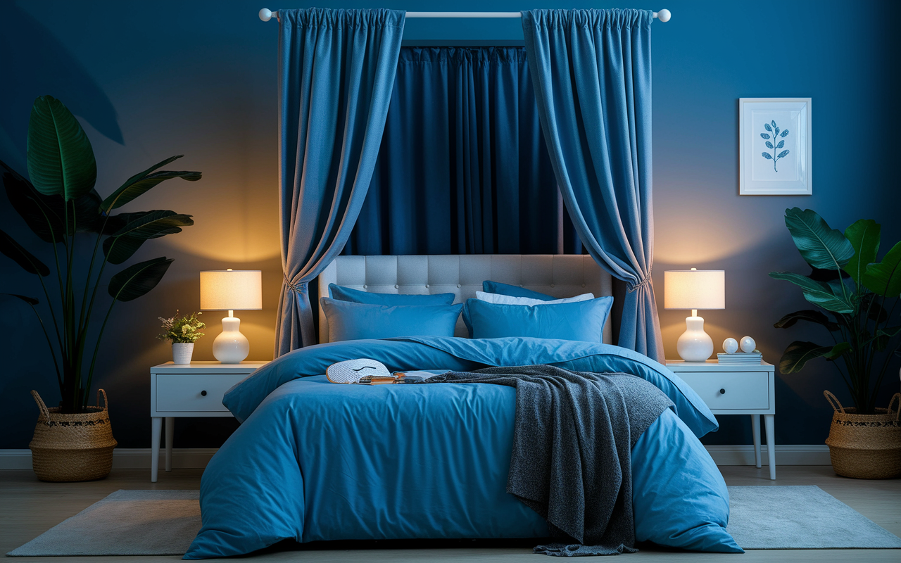 A visually captivating image of a bedroom designed for night shift workers, featuring blackout curtains, soft lighting, and an inviting bed. The scene highlights a comfortable atmosphere with sleep masks and earplugs on the bedside table, evoking a sense of peace and readiness for rest.