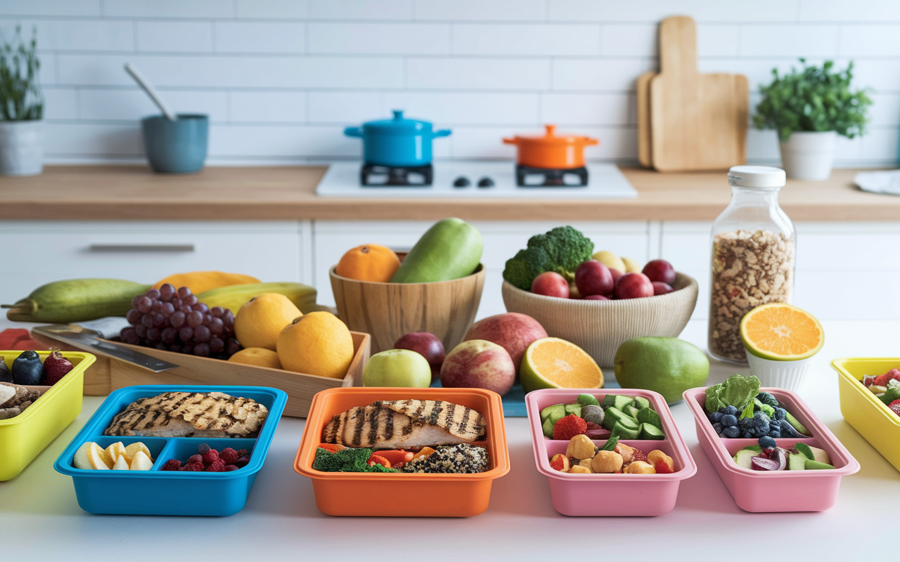 A colorful and enticing display of healthy meal prep options for night shift workers, showcasing containers filled with balanced meals like grilled chicken with quinoa and vegetables, fruits, and healthy snacks. The kitchen setting is bright and cheerful, emphasizing nutrition and vitality.