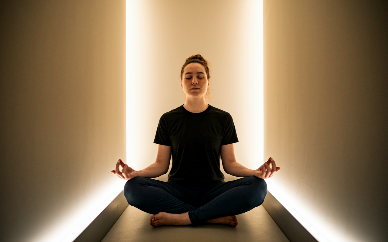 A tranquil setting featuring a night shift worker practicing mindfulness meditation in a peaceful corner, surrounded by soft ambient lighting. The individual is seated cross-legged, eyes closed, with a serene expression, a peaceful aura of calmness envelops them, symbolizing relaxation and mental wellness.