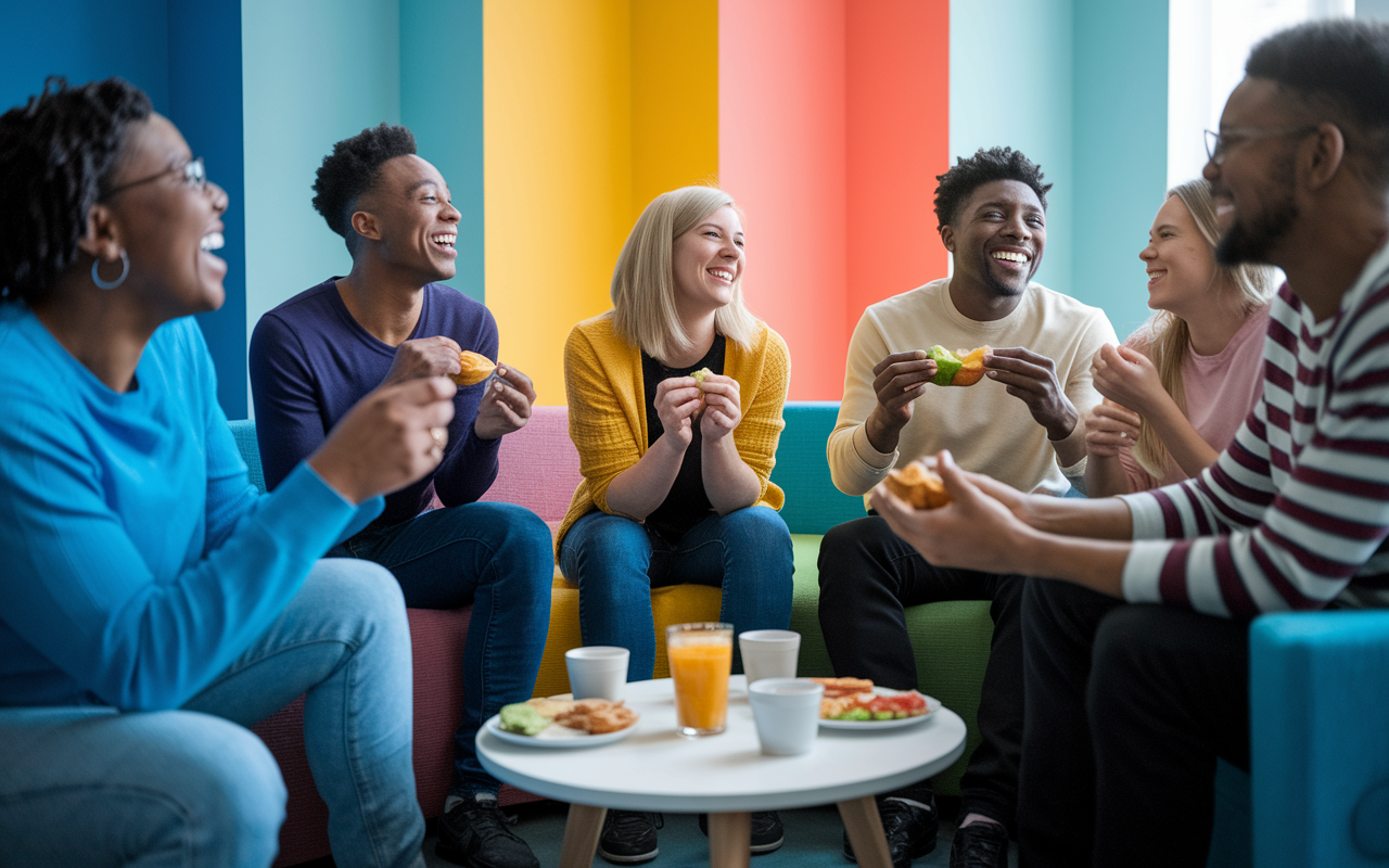 An inspiring scene showing a diverse group of night shift workers joyfully interacting during their break, laughing and enjoying healthy snacks. The setting is a break room with bright, inviting colors and comfortable seating, emphasizing camaraderie and the importance of social connections for mental health.