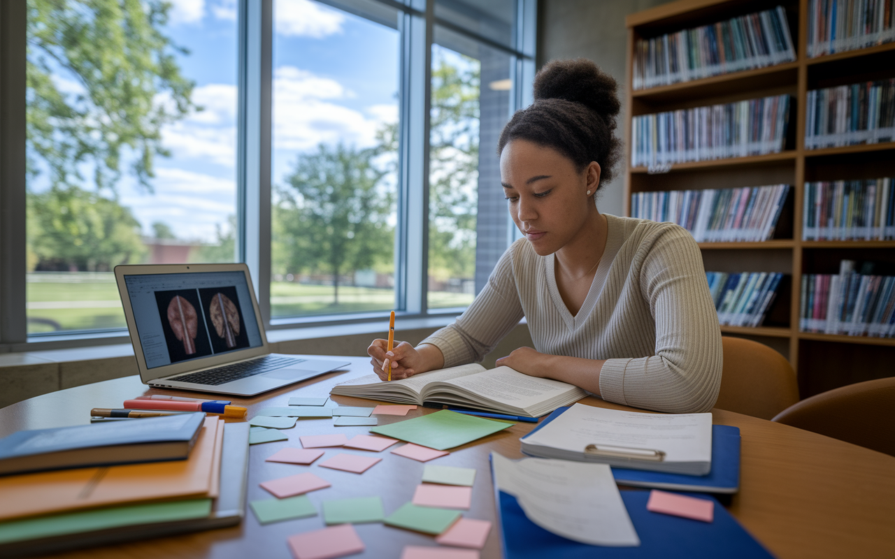 A focused young woman in a library study room, surrounded by medical textbooks and notes, diligently preparing for her post-baccalaureate exams. The table is cluttered with flashcards, highlighters, and a laptop displaying anatomical images. Soft, overhead lighting creates a cozy study atmosphere, while large windows show a serene campus view outside with green trees under a bright sky. She has an expression of determination and concentration, embodying the dedication students put into their medical education.