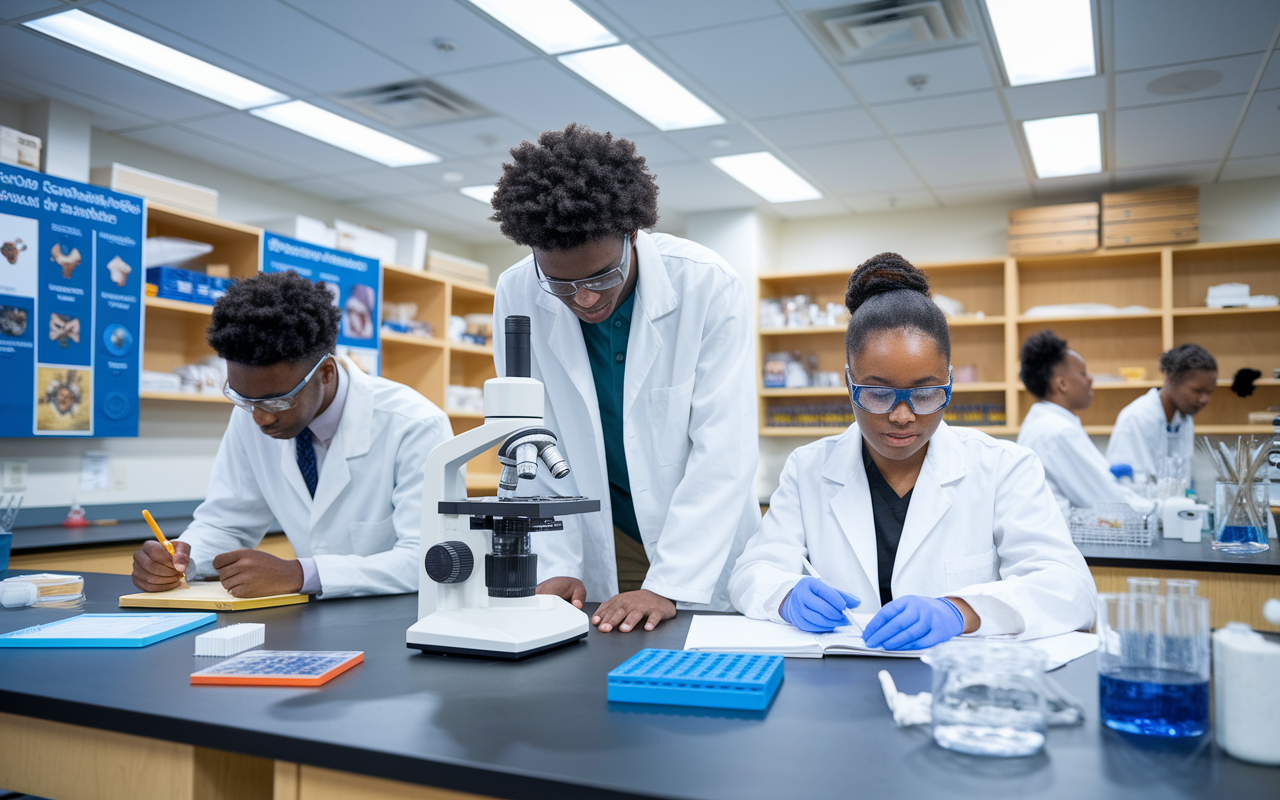 A collaborative atmosphere in a modern research lab where diverse graduate students are engaged in hands-on scientific experiments. One student is using a microscope while another takes notes, and a third is at a lab bench working with lab equipment. The room is bright with artificial lighting and has shelves lined with scientific materials. Posters showcasing medical research findings and safety protocols are displayed on the walls. The students exhibit expressions of focus and enthusiasm, highlighting the importance of research in post-bacc programs.