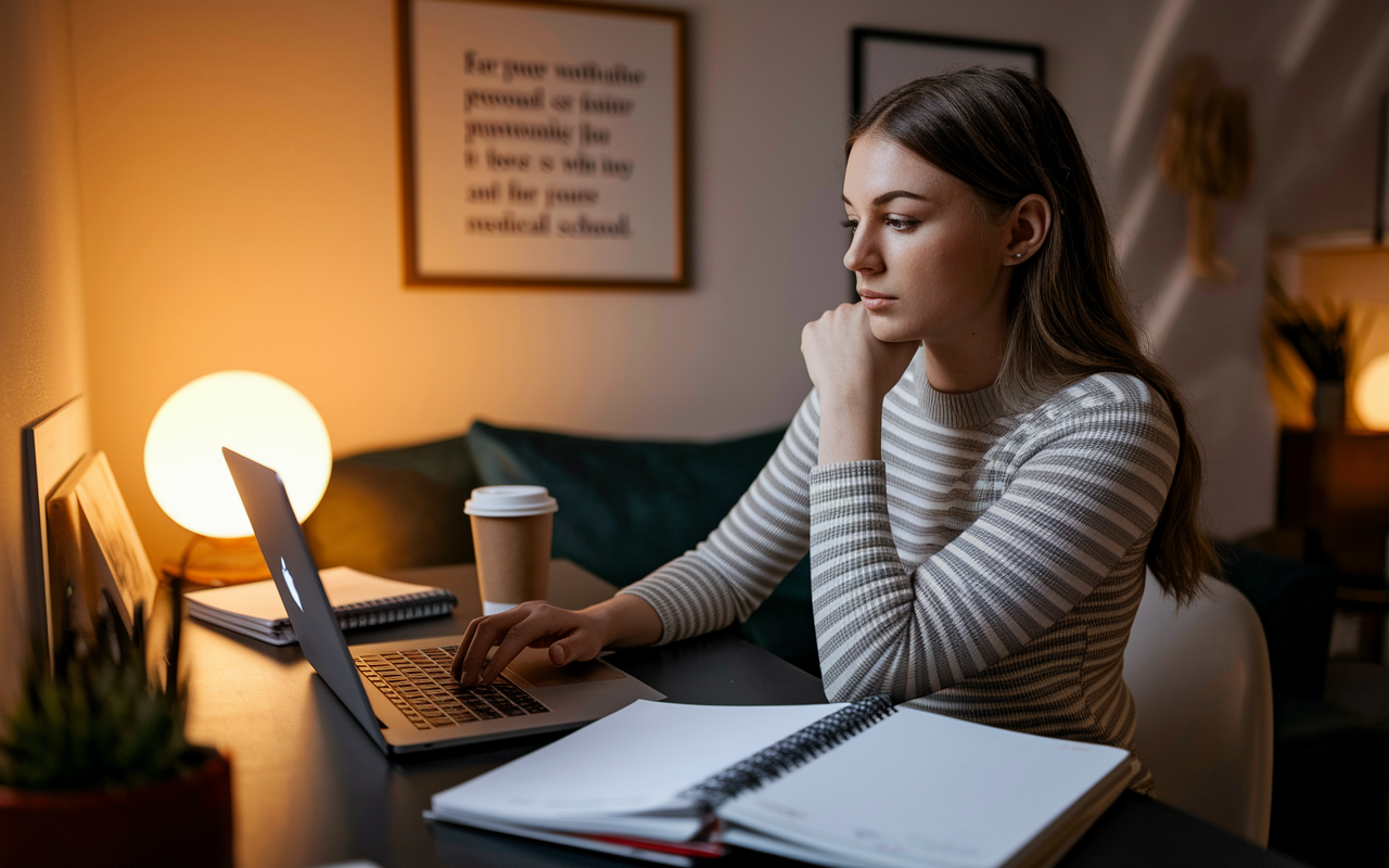 A young woman seated at a stylish desk in an urban apartment, typing her personal statement for a post-baccalaureate program application on a laptop. A coffee cup and notebooks clutter the workspace, while a motivational quote is framed on the wall behind her. The room is warmly lit by a table lamp, creating an intimate and personal setting. The student appears thoughtful and determined as she reflects on her journey toward medical school.