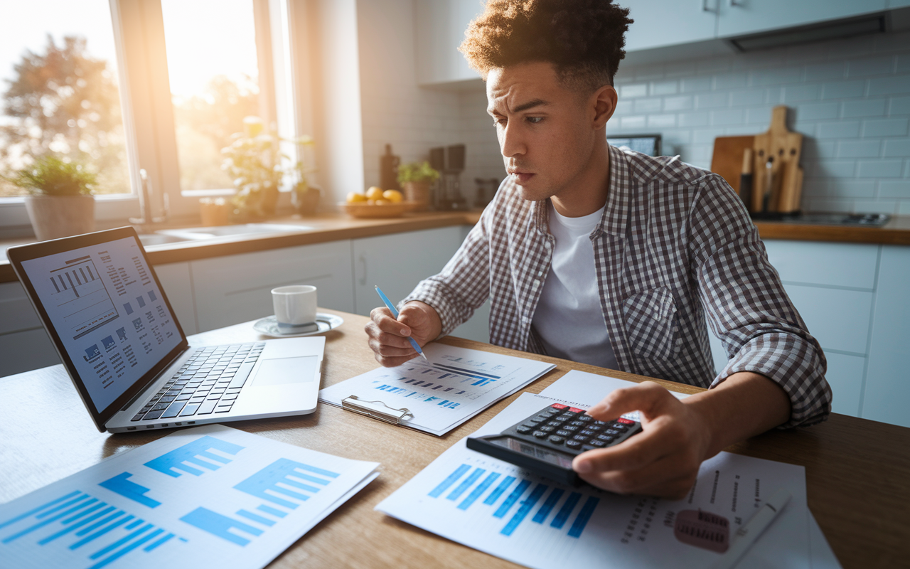 A young man calculating his budget for a post-baccalaureate program at a kitchen table, surrounded by financial documents, a laptop, and a calculator. He has a focused expression, with a mix of determination and concern. The kitchen is brightly lit with sunlight streaming through a window, creating an atmosphere of hope and responsibility. Charts and graphs displayed on the screen illustrate potential financial aid options.