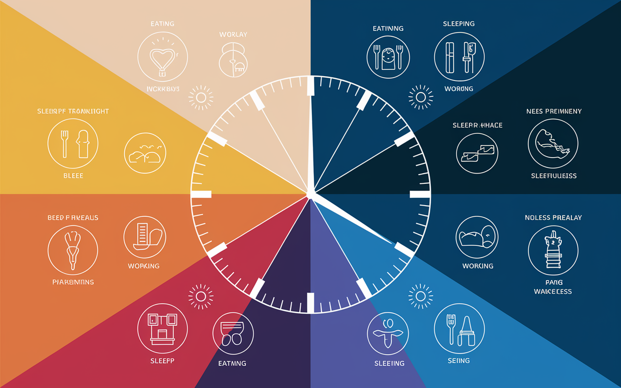 An illustrative representation of human circadian rhythms, with a circular clock overlay showing different phases of sleep and wakefulness. The clock is surrounded by icons representing various activities like eating, working, and sleeping. A color gradient transitions from bright daylight to dark night, symbolizing the natural sleep-wake cycle. The illustration combines bold colors and clear, engaging graphics, making it visually appealing and educational.