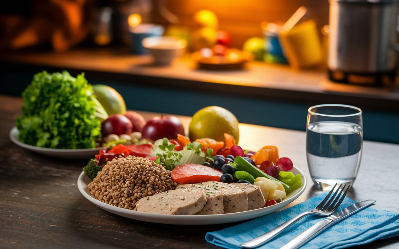 A vibrant and nutritious meal prepared for night shift workers, featuring whole grains, lean protein, fresh vegetables, and juicy fruits. The meal is presented on a clean plate, with colorful garnishes and a glass of water beside it. The setting is a cozy kitchen with warm lighting, highlighting the importance of healthy eating in supporting energy during late hours.