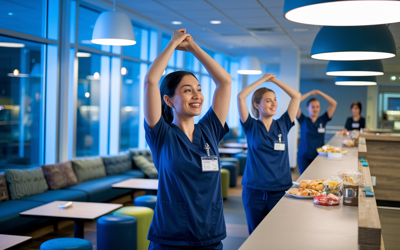 A night shift worker taking a well-deserved break in a communal area of a hospital, stretching and smiling with colleagues nearby. The setting is bright with overhead lights and cozy seating areas. There are snacks and drinks on a counter, indicating a supportive work environment. The atmosphere is relaxed and positive, showcasing camaraderie during long shifts.