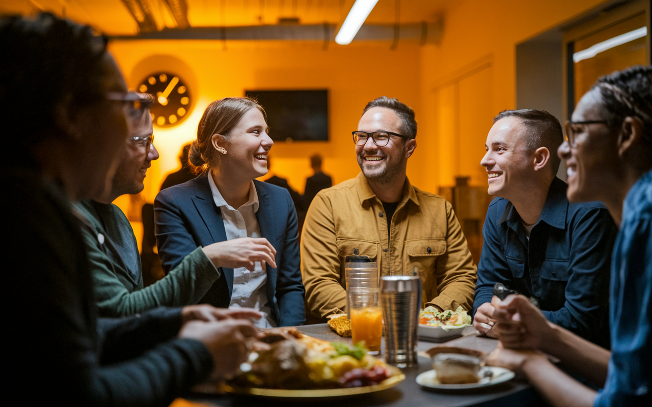 A group of night shift workers engaging in friendly conversation in a break room. The warm lighting creates a cozy atmosphere, with food and drinks displayed on a table. Laughter and smiles are exchanged, underscoring the importance of social connections during late hours. The background shows a clock indicating late-night hours, emphasizing the unique setting of night work.