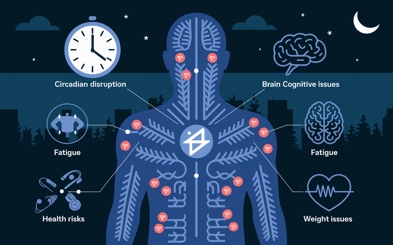 An infographic-style scene depicting a human silhouette filled with visual icons showing the effects of night shifts, such as a clock symbolizing circadian disruption, icons for fatigue, brain cognitive issues, and health risks like heart and weight issues. The background is dark to signify nighttime with blue tones, creating a visual metaphor for nighttime work challenges.