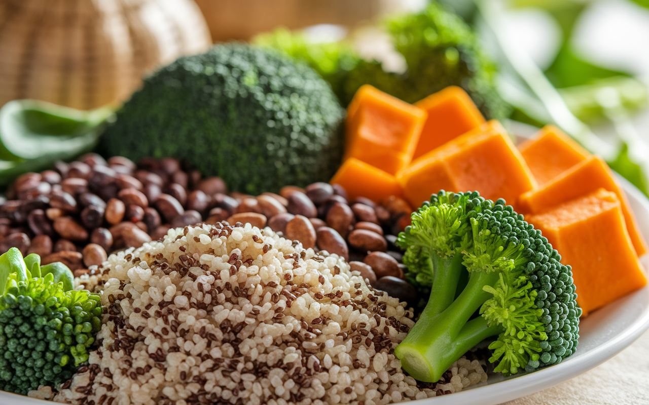 A close-up image of a healthy plate filled with colorful whole grains, legumes, and vegetables. Brightly plated quinoa and brown rice, vibrant green spinach and broccoli, and orange sweet potato chunks create a visually appealing display. Natural daylight shines over the scene, highlighting the freshness and vibrancy of the meal, promoting a message of health and energy.