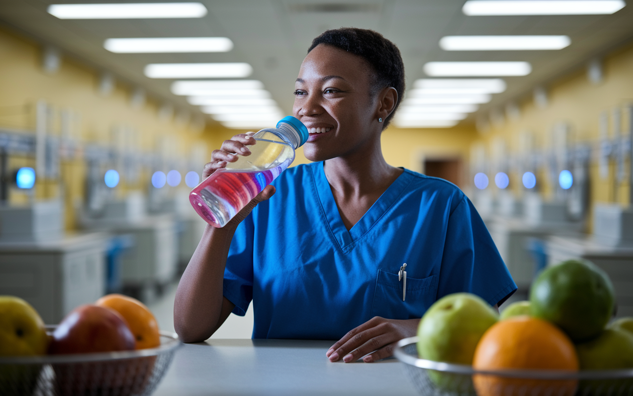 A night shift worker in a hospital break room, smiling as they take a sip from a colorful water bottle filled with infused water. The room is filled with soft, ambient lighting and hospital equipment in the background, evoking a sense of health and wellness. The scene conveys the importance of hydration with fresh fruits shown nearby, symbolizing healthy choices.