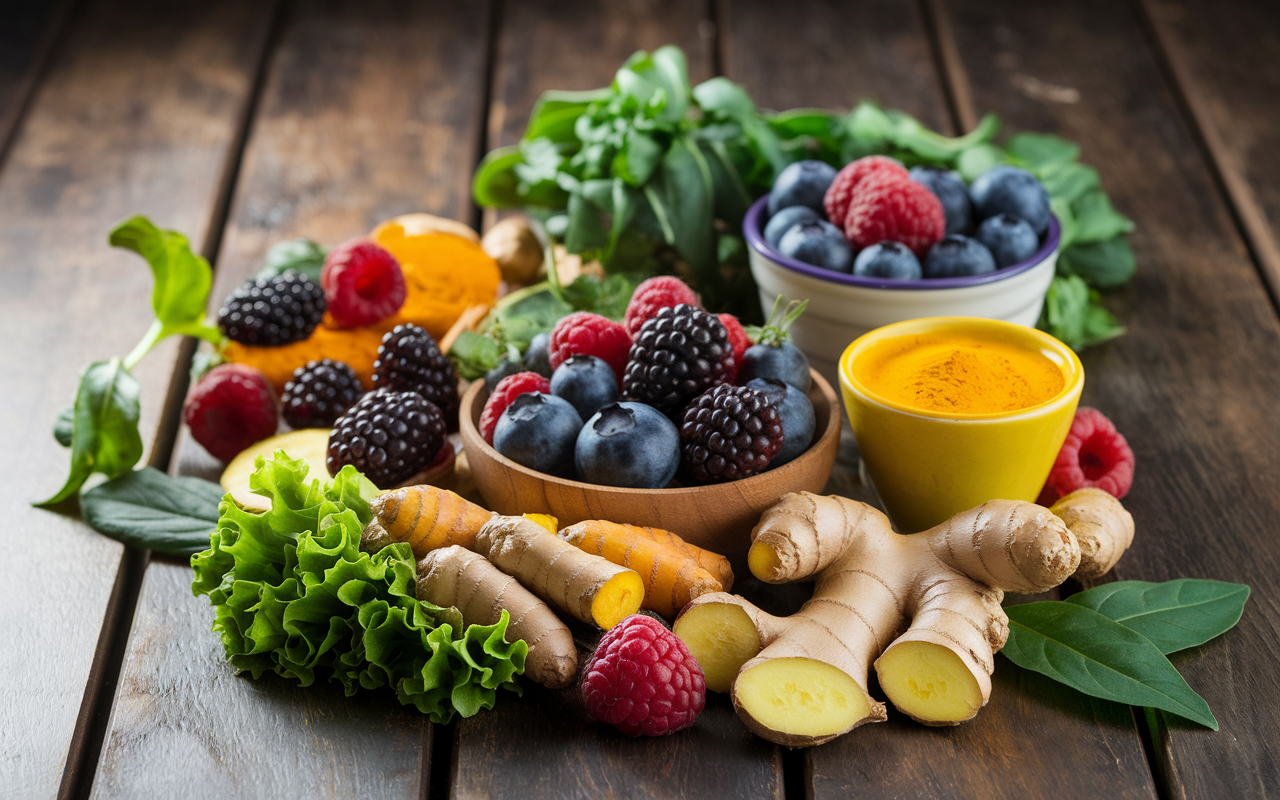 A vibrant arrangement of anti-inflammatory foods on a wooden table. Fresh berries, leafy greens, turmeric roots, and ginger pieces are beautifully arranged in a colorful display. The lighting emphasizes the natural colors and textures, creating an inviting atmosphere that promotes health and protection against fatigue.